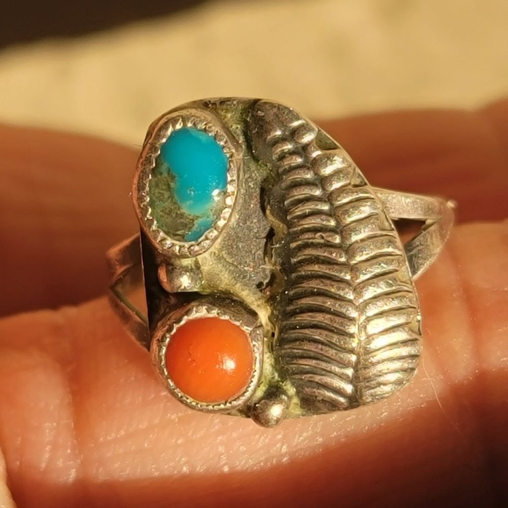 Native American handmade vintage 925 sterling silver turquoise + coral squash bl - Picture 11 of 13